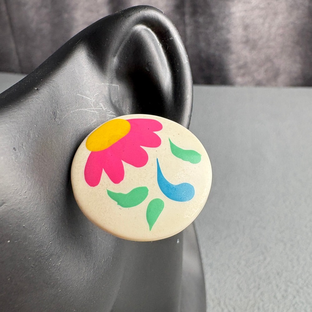 Vintage Floral Button Earrings Cream Pink Blue Hand Painted Studs 1.25 Inch